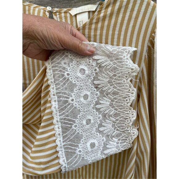 H&M size 10 mustard yellow striped top with bell sleeves wide lace cuffs - Picture 7 of 10